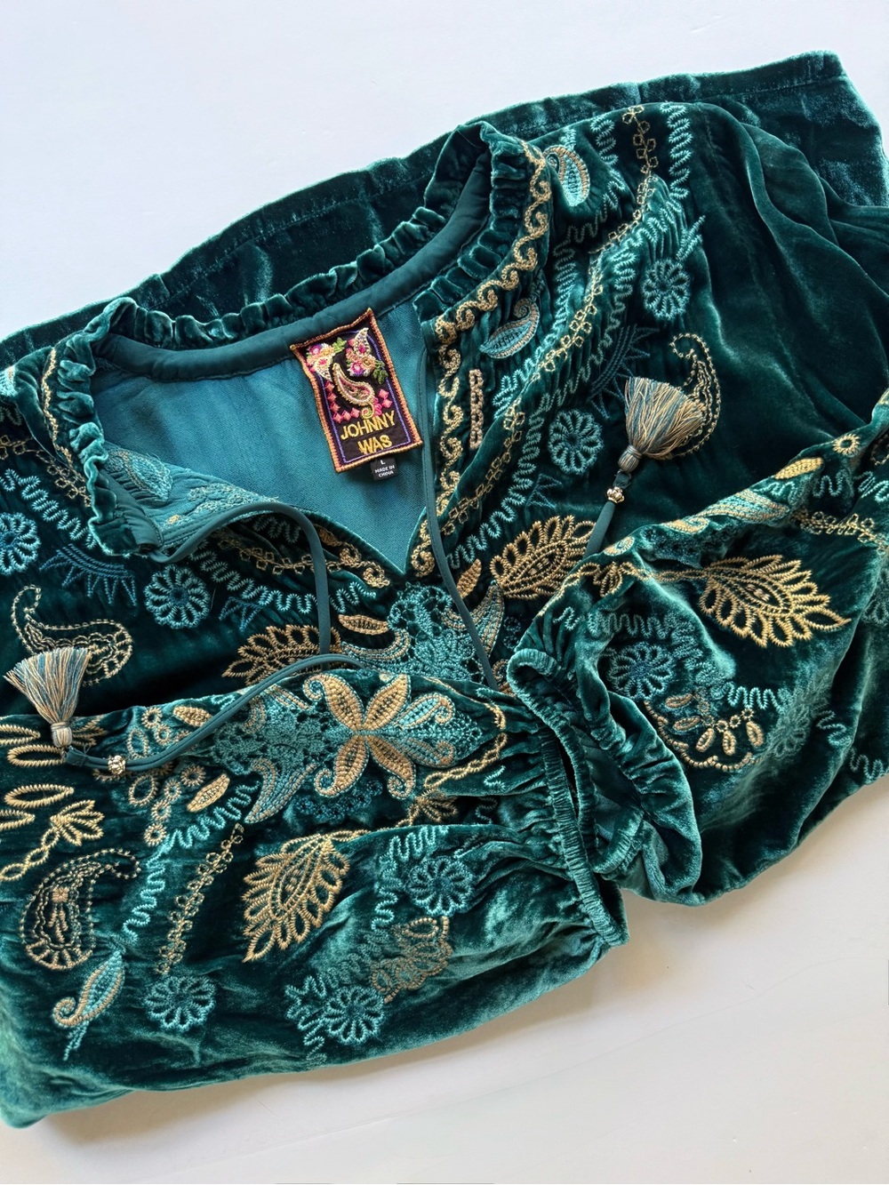 Johnny Was Shira Velvet Field Blouse Peacock Teal Blue Green L $348 - Picture 10 of 15